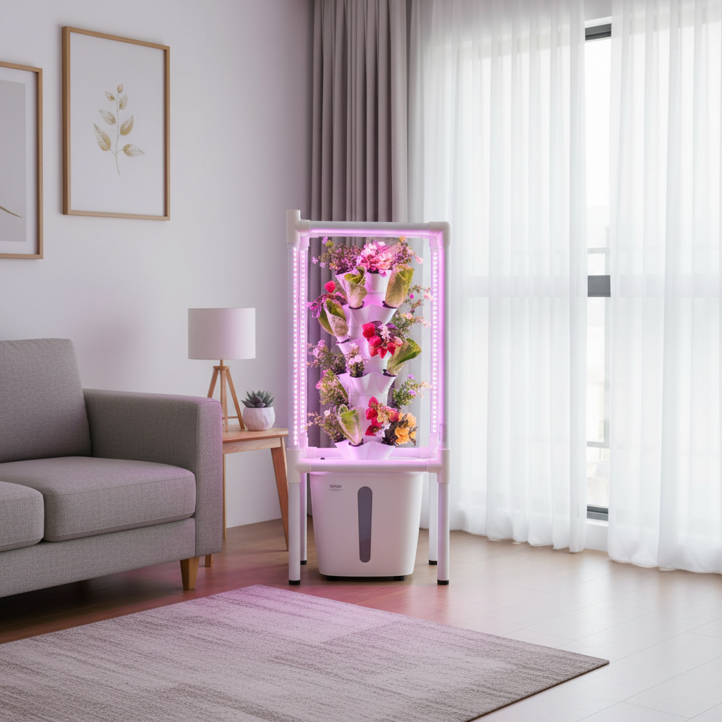 Indoor hydroponic garden lit by an LED grow light in winter